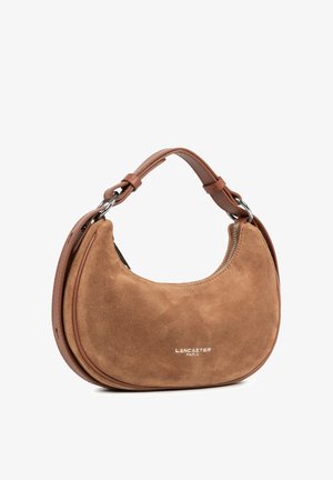Brown suede handbag with a curved design, leather strap, and silver zipper detail. Features embossed "Lancaster Paris" logo on the front.