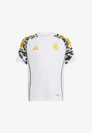 Maglietta sportiva bianca con spalle nere e gialle a motivo. Presenta un collo rotondo, maniche corte e l'etichetta "AEROREADY" sul lato.