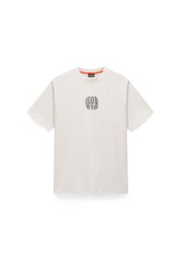 White cotton t-shirt with a crew neck and short sleeves. Features black logo centered on the chest. Inner collar has an orange accent.