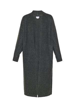 Strickjacke mit offenem Vorderteil in dunkelgrau. Hat lange Ärmel und einen lockeren Schnitt, mit einem strukturierten Muster und ohne Verschlüsse.
