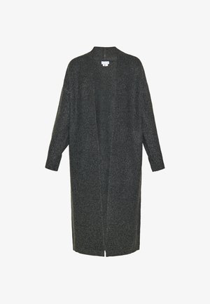 Cardigan tricotat cu deschidere frontală, de culoare gri închis. Are mâneci lungi și o croială lejeră, cu un model texturat și fără închideri.