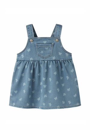 Robe en denim pour tout-petit avec imprimés papillons, bretelles réglables et une poche poitrine avant avec détails à boutons.