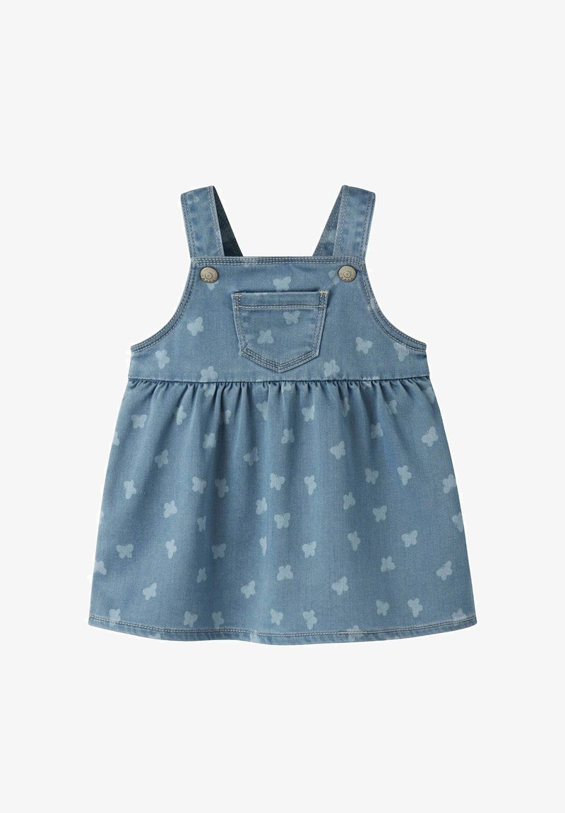 Robe en denim pour tout-petit avec imprimés papillons, bretelles réglables et une poche poitrine avant avec détails à boutons.