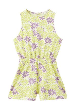Combinaison sans manches avec taille élastique, avec un motif floral jaune et violet sur fond clair.