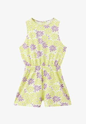Ärmelloser Overall mit elastischem Bund, mit gelbem und lila Blumenmuster auf hellem Hintergrund.