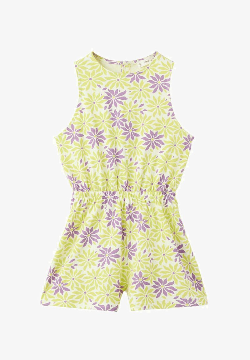 Combinaison sans manches avec taille élastique, avec un motif floral jaune et violet sur fond clair.