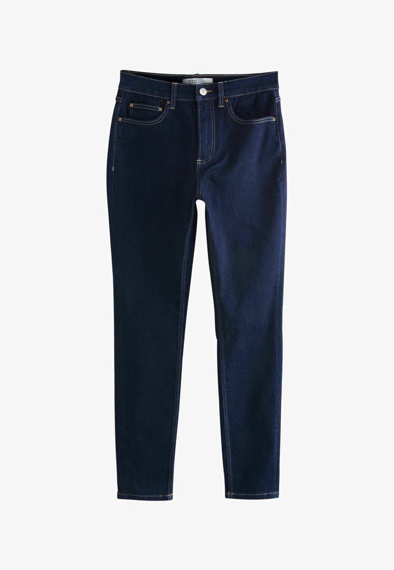 Jean skinny bleu foncé en denim avec une texture lisse ; présente un style classique à cinq poches et des accents de couture jaunes.