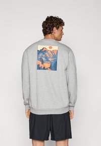 Grijze sweatshirt met geribbelde manchetten en zoom, voorzien van een kleurrijke berglandschap print op de achterkant in oranje, blauw en gele tinten.