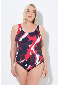 Uimapuku, jossa on punainen, laivastonsininen ja valkoinen abstrakti kuvio. Valmistettu joustavasta materiaalista, pyöreällä kaula-aukolla ja leveillä olkaimilla.