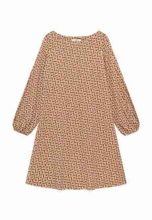 Abito manica lunga con polsini elastici, con motivo geometrico multicolore ripetuto in tonalità beige, marroni e rosa.
