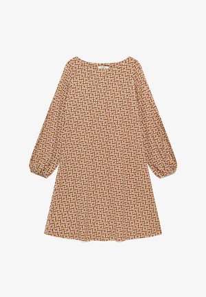 Abito manica lunga con polsini elastici, con motivo geometrico multicolore ripetuto in tonalità beige, marroni e rosa.