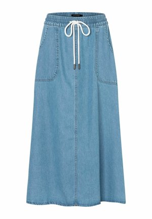Light blue denim skirt with an elastic waistband and white drawstring, featuring two front pockets and stitches along the seams.