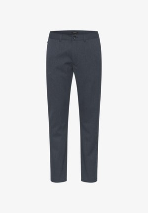 Donkergrauwe chino's gemaakt van zacht, textuurstof. Bevat een knoopsluiting, riemlussen en een rechte pijp. Geen zichtbare patronen of accenten.