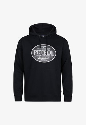 Zwarte capuchonsweater met wit ovaal "Petrol Industries" logo en tekst "Motorworks Custom Repair U.S.A. San Diego California" op de voorkant.