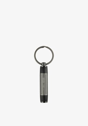 Portachiavi cilindrico metallico con estremità nere e "HUGO BOSS" in rilievo sul corpo, agganciato a un anello porta chiavi rotondo.
