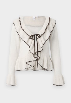 Ivory gebreide cardigan met een geschulpte halslijn, donkerbruine rand, striksluiting en klokmouwen. Zachte textuur en uitlopende zoom.