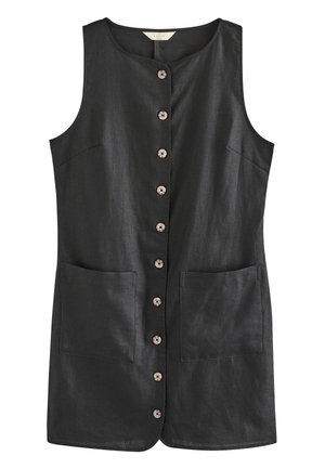 Robe sans manches en lin noir avec encolure ronde, fermeture à boutons sur le devant et deux grandes poches plaquées sur l'avant.