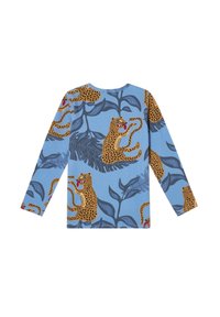 Top a maniche lunghe blu con stampa di leopardo marrone, con foglie verde scuro e azzurro chiaro, e accenti rossi sulle bocche dei leopardi.