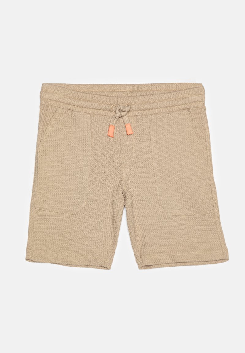 Beige bomullsshorts med et teksturert mønster, elastisk midje og snor; har to frontlommer og oransje detaljer.