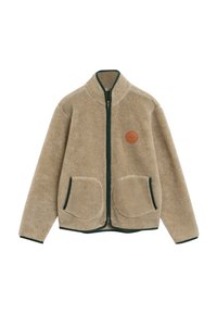 Giacca in pile beige con rifiniture verdi, colletto alto, zip frontale e due tasche a toppa. Presenta una patch in pelle marrone con logo sul lato sinistro.