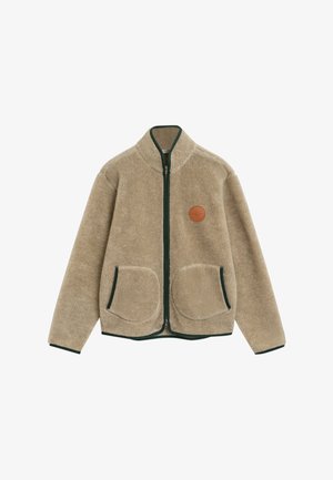 Beige fleece jack met groene accenten, hoge kraag, rits aan de voorkant en twee opgestikte zakken. Heeft een bruine leren merkembleem aan de linkerkant.