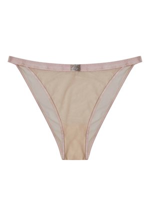 Nude mesh thong with pale pink trim. Features a decorative metallic accent at the center of the waistband. Soft, sheer texture.