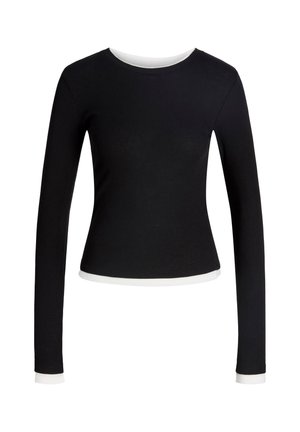 Black long-sleeve shirt with a round neckline, featuring a contrasting white hem and cuffs. Smooth fabric with a fitted design.