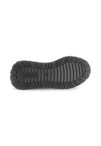 Zwarte rubberen schoenzool met gestructureerde groeven en ribbels voor grip, met het "Gabor"-logo in het midden geperst, ontworpen voor duurzaamheid.