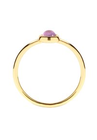 Gold ring with a smooth band and a round, pink gemstone setting at the top. The surface is shiny and reflective.