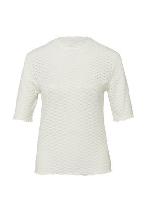 Wit gestructureerd gebreid shirt met korte mouwen, een ronde halslijn en subtiele geschulpte zoom en mouwranden.