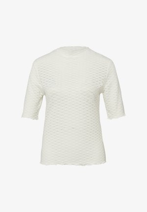 Biały, teksturowany sweter z krótkim rękawem, okrągłym dekoltem oraz subtelnym, falistym wykończeniem dołu i krawędzi rękawów.