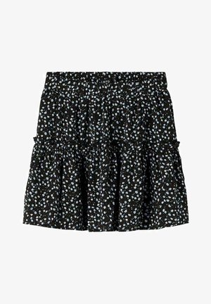 Gonna nera a strati con vita elasticizzata, caratterizzata da un motivo floreale in blu chiaro e bianco. Tessuto leggero con una finitura texturizzata.