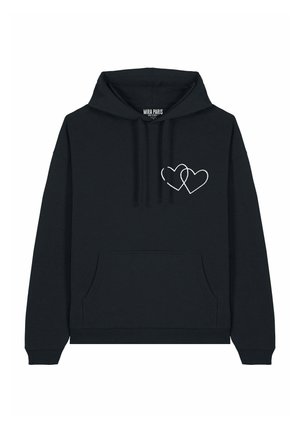 Haut à capuche noir avec une poche kangourou, un capuchon avec cordon de serrage et des cœurs entrelacés brodés en blanc sur la poitrine. Tissu doux et texturé.