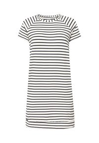 Sukienka-tunika w paski w kolorze białym i granatowym, z krótkim rękawem, okrągłym dekoltem, wykonana z miękkiej bawełny, z poziomymi paskami i nieco dłuższym tyłem.
