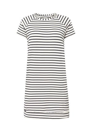 Striped t-shirt dress in white and navy, short sleeves, round neckline, soft cotton material, featuring horizontal stripes and a slightly longer back.
