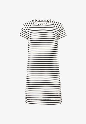Striped t-shirt dress in white and navy, short sleeves, round neckline, soft cotton material, featuring horizontal stripes and a slightly longer back.