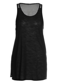 Débardeur noir sans manches avec un panneau en mesh au dos et un col arrondi, fabriqué en tissu léger et légèrement transparent.