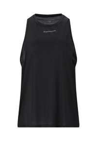 Mustaton hihaton urheilupaita, jossa on pyöreä pääntie. Paidassa on hengittävä verkkotekstuuri ja heijastava "ENDURANCE"-logo etuosassa.