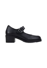 Zapato Mary Jane de cuero negro con tacón bajo de bloque y doble correa de hebilla plateada, suela texturizada para un mejor agarre, vista lateral sobre fondo blanco.
