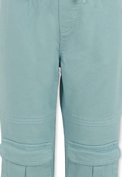 Pantalons cargo bleu clair en mélange de coton, dotés de poches latérales et de poignets ajustables pour un ajustement décontracté. Texture lisse et détails cousus.