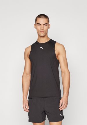 Schwarzes ärmelloses Sporttanktop aus leichtem Material mit rundem Ausschnitt und kleinem weißen Logo auf der Brust.