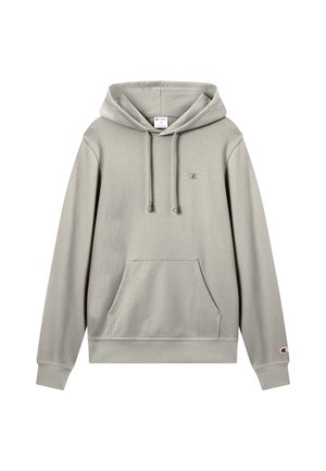 Grau melierter Kapuzenpullover aus weichem Stoff. Verfügt über eine Fronttasche, eine Kapuze mit Kordelzug und ein kleines Logo auf der Brust.