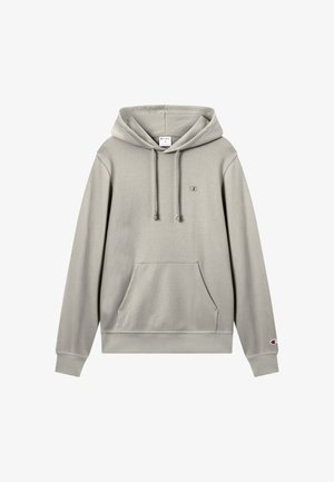 Grau melierter Kapuzenpullover aus weichem Stoff. Verfügt über eine Fronttasche, eine Kapuze mit Kordelzug und ein kleines Logo auf der Brust.