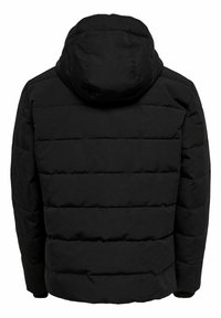 Black, puffy jacket with a hood, featuring horizontal stitching, a smooth texture, and no visible hardware or detailing.