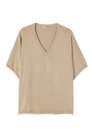 Top beige a maniche corte in maglia con scollo a V e leggero luccichio, colletto e bordi delle maniche a coste, vestibilità rilassata.