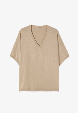 Top beige a maniche corte in maglia con scollo a V e leggero luccichio, colletto e bordi delle maniche a coste, vestibilità rilassata.