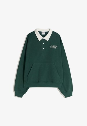 Dark green polo sweatshirt with a white collar, three buttons, and a front kangaroo pocket. Features embroidered text on the chest.