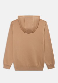Sweatshirt cu glugă maro, realizat dintr-un amestec de bumbac, având manșete și tiv ribbate, textură netedă, detalii ale cusăturii, vedere din spate care arată gluga și drapajul materialului.