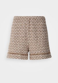 Tweed shorts in brown and cream with a textured pattern. Features a relaxed fit and cuffed hems with a decorative seam detail.