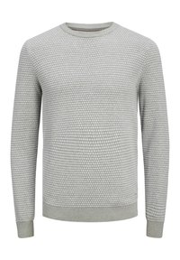 Suéter gris de punto con un patrón texturizado, escote redondo y puños y dobladillo de canalé. Presenta un diseño sutil para mayor versatilidad.